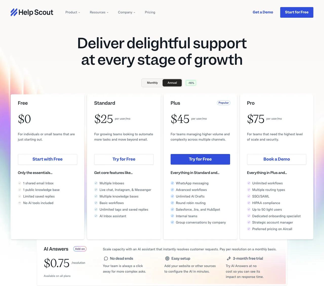 Help Scout pricing page