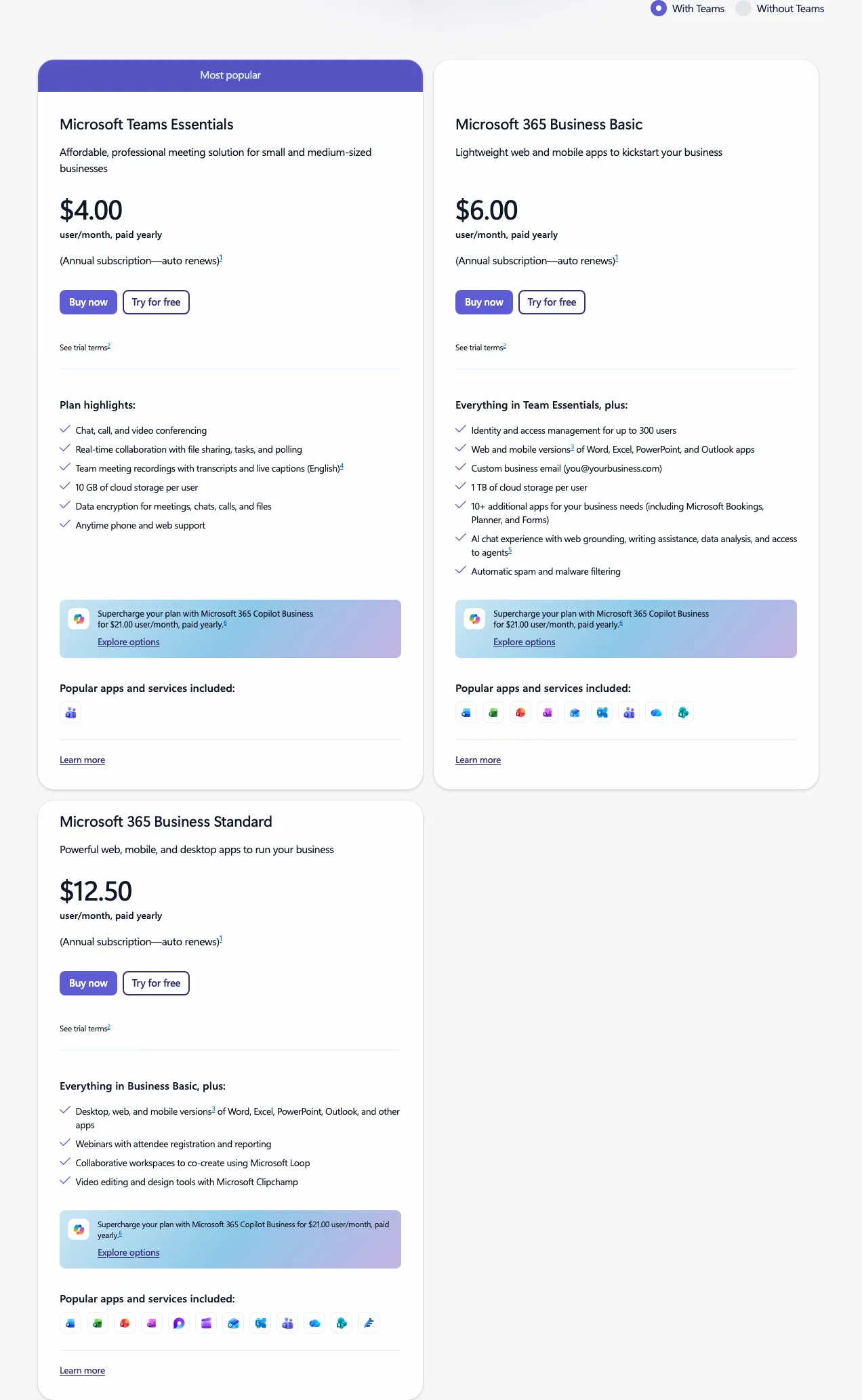 Microsoft Teams pricing page