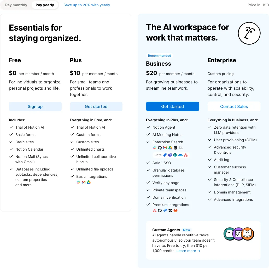 Notion pricing page