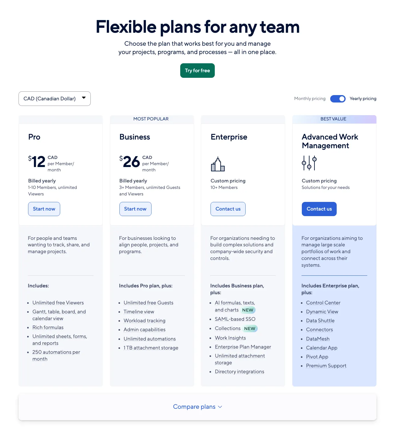 Smartsheet pricing page